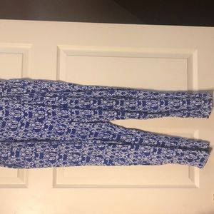 blue and white women’s dress pants.